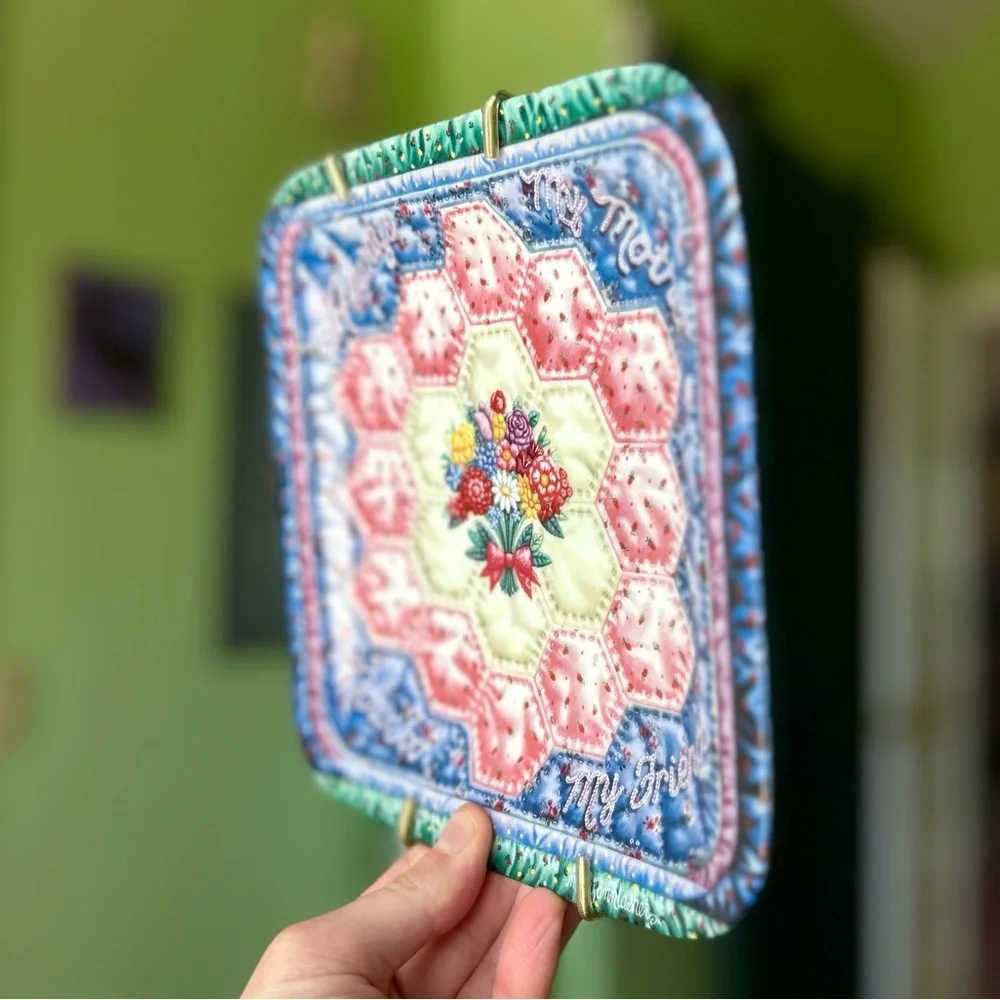 VTG Vibrantly Colored Faux Stitch Quilted Square Plate Mom + Friend Wall Decor